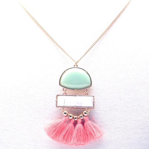 Curves Collection Jewelry - Faux Jade Cabochon Tassel Sweater Chain - Pink